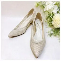 美品　ルタロン メッシュパンプス 23.5 白 ポインテッド 春夏　ラメ