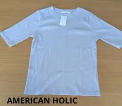 AMERICAN HOLIC●淡いパープル リブ編み五分袖Tシャツ