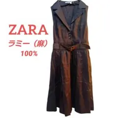 ZARA BASIC ラミー100% ノースリーブ ロングワンピース ベルト付