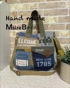 108.年中使える★デニムリメイク★2wayトートバッグ★ショルダー紐付Ｍサイズ