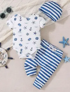 SHEIN海洋生物柄ロンパースとボーダーボトムスセット 6-9M