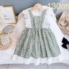 夏ワンピース　女の子ワンピース130㎝　レース　花柄　緑