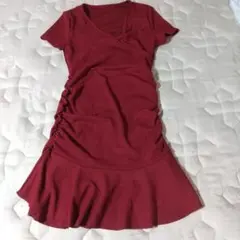 バーガンディ 半袖 ラップワンピース