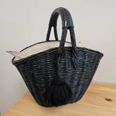 ☆BEAMS☆藤？カゴバッグ☆リネン混蓋、レザーハンドルカバー☆タッセル付☆のサムネイル