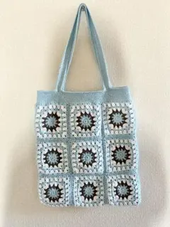 水色　モチーフ編みバッグ
