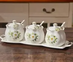 花柄シュガーポット3個セット 4点セット（プレート1個、瓶3個、スプーン3本）