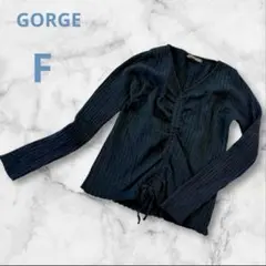 ゴージ リブニット Vネック 長袖 ブラック Fサイズ センターギャザー
