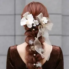 商品No.36 選べるリボンとアイボリー系のフラワーピンの髪飾り