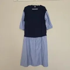 ネイビー/ストライプ 半袖ひざ丈ワンピース M　マタニティ