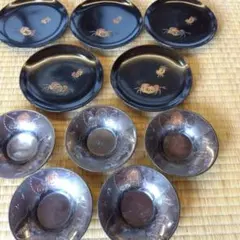 漆器 銘々皿 5枚 沈金蟹蒔絵 　茶托5枚 金属製品
