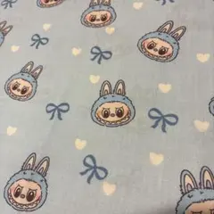 LABUBU 水色　リボン　ハート　生地　ぬいぐるみ　柄　布　綿ポリ