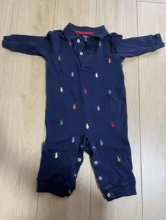 ラルフローレン 長袖 ポロシャツ風 ロンパース 75cm 紺 マルチポニー刺繍