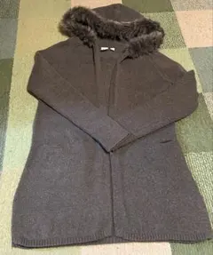 【美品】Gap kidsファー付きフード ニットロングカーディガン グレー150