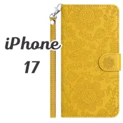 iPhone 17 手帳型ケース 花柄 黄色人気カバーストラップ付カード収納