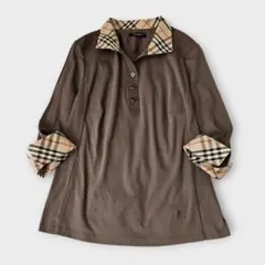美品☆BURBERRY LONDON シャツ ノバチェック ロゴ刺繍 7分袖 茶