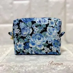 スクエアポーチ　ボックスポーチ　薔薇柄　ブルーブラック　ハンドメイド