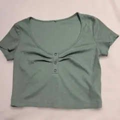 グリーン リブ編み クロップドTシャツ エメラルドグリーン 緑