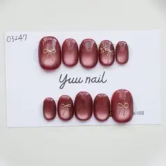 ネイルチップ　マグネットネイル　ワインレッド　リボン　手書き風　ニュアンス　推し