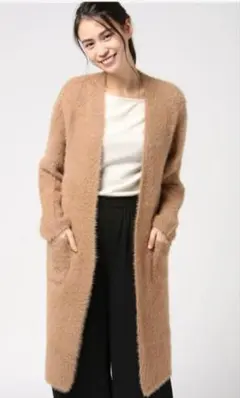 アース【F】フェザーヤーンコーディガン シャギーニット ロング丈 ボタンレス