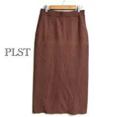 【美シルエット】PLST リブニット タイトスカート スリット ブラウン S