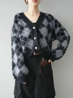 新品☆アーガイルシャギーニットカーディガン　グレー　Lumier　チェック