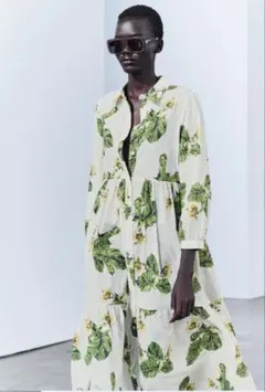 ザラ✨フラワープリントワンピース　長袖　シャツ　リーフ　フラワー　XS