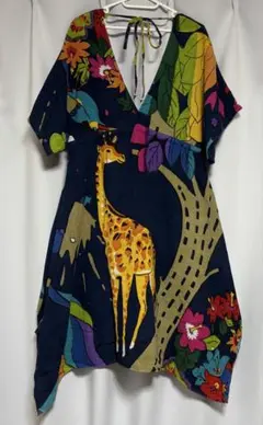 Amina 動物柄ネイビー半袖 ワンピース