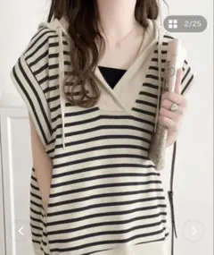 まあい様＊Javaコラボ ミニ裏毛フレンチスリーブパーカー ボーダー ベストのサムネイル