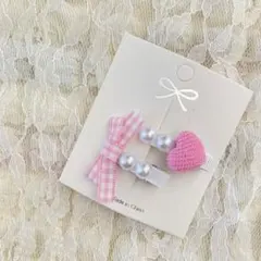 2点セット　ヘアピン　ヘアクリップ　ベビークリップ　チェック　バレンタイン