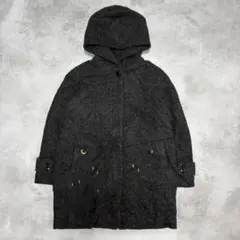 フード付きコート グレー M ウール混 刺繍 個性派 カジュアル