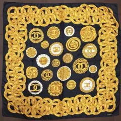 【CHANEL】 シャネルスカーフ ◎タグ無し◎細かな傷有り　ブラック／ゴールドのサムネイル