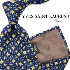 【美品】Yves Saint Laurent ネクタイ 総柄 ネイビー イエロー