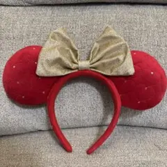 【美品】ディズニー ミニーちゃんカチューシャ 赤 ゴールド キルティング リボン