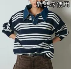 新作！エシカデニムレイヤード風ランダムボーダーニットプルオーバー/ネイビー