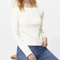 ユニクロ　リブヘンリーネックT ホワイト S