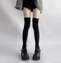 ニーハイソックス オーバーニーソックス ソックス　ルーズ リブシアー ブラック