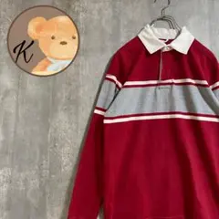 メンズ　ラガーシャツ　ポロシャツ　ボーダー　長袖　レッド　グレー