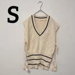 ニットベスト 【S】アイボリー Vネック タッセル付き