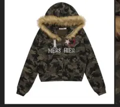 迷彩柄ファー付きフードパーカー 短丈