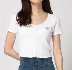 美品GAP ハート刺繍 リブ クロップド ボタン GAPロゴ Tシャツ