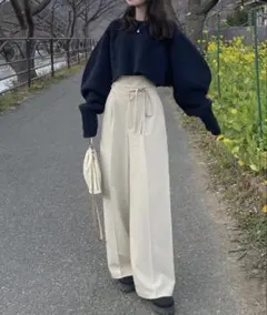 hinari ハイウエストリボンパンツ　ベージュ　FREEサイズ