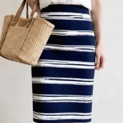 ZARA BASIC ボーダー タイトスカート ネイビー 膝丈 Sのサムネイル