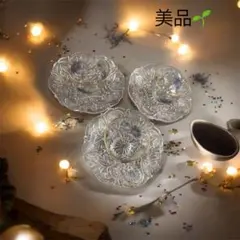 美品ガラスティーカップ ソーサー3客セットティータイム 花柄 金縁 華やか