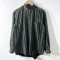 ヴィンテージ　ノーカラー　総柄　ポリシャツ　長袖　メンズ　M レトロ　古着