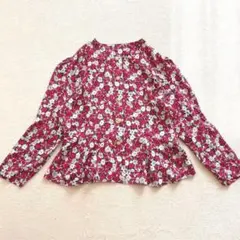 花柄ペプラム風ブラウス　総柄　裾フレア　昭和レトロ　古着　ビンテージ　前開き