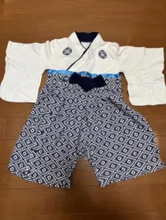 ベビー着物 幾何学模様 白・青・紺　袴風ロンパース