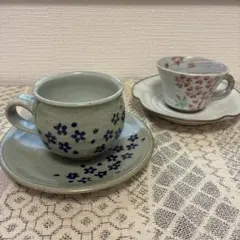 桜柄　陶器　カップ＆ソーサー　2客セット　雅峰窯　丹波焼