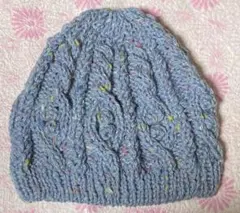 ハンドメイド手編みのニット帽子薄紫色ツイード10052