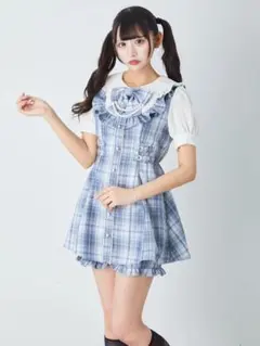 青と白のチェック柄ミニワンピース