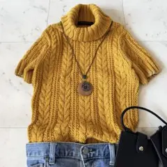 ユニテッドアローズトウキョウ　ウール100 半袖ニット　ケーブル編み　からし色